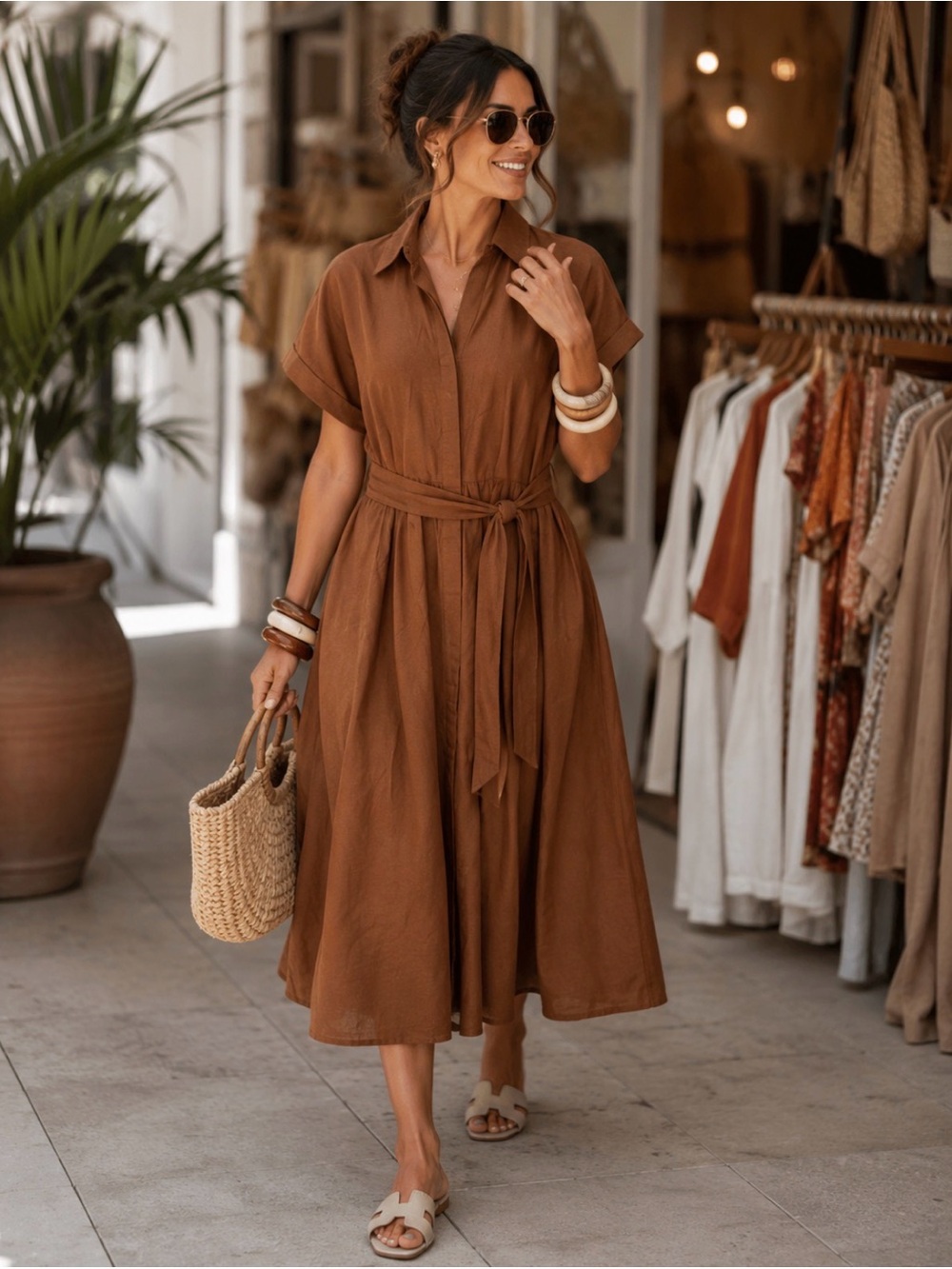 NWT Mocha Linen Cotton Button Front Midi Shirt Dress with Belt